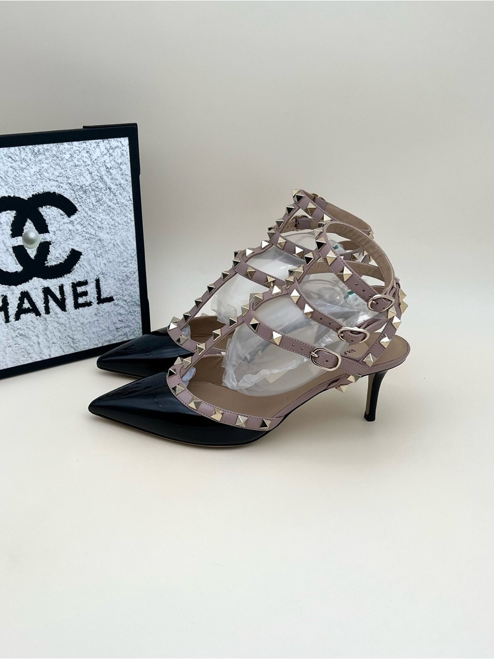 Valentino Black Patent Pointed Slingbacks with Taupe Rockstud Straps